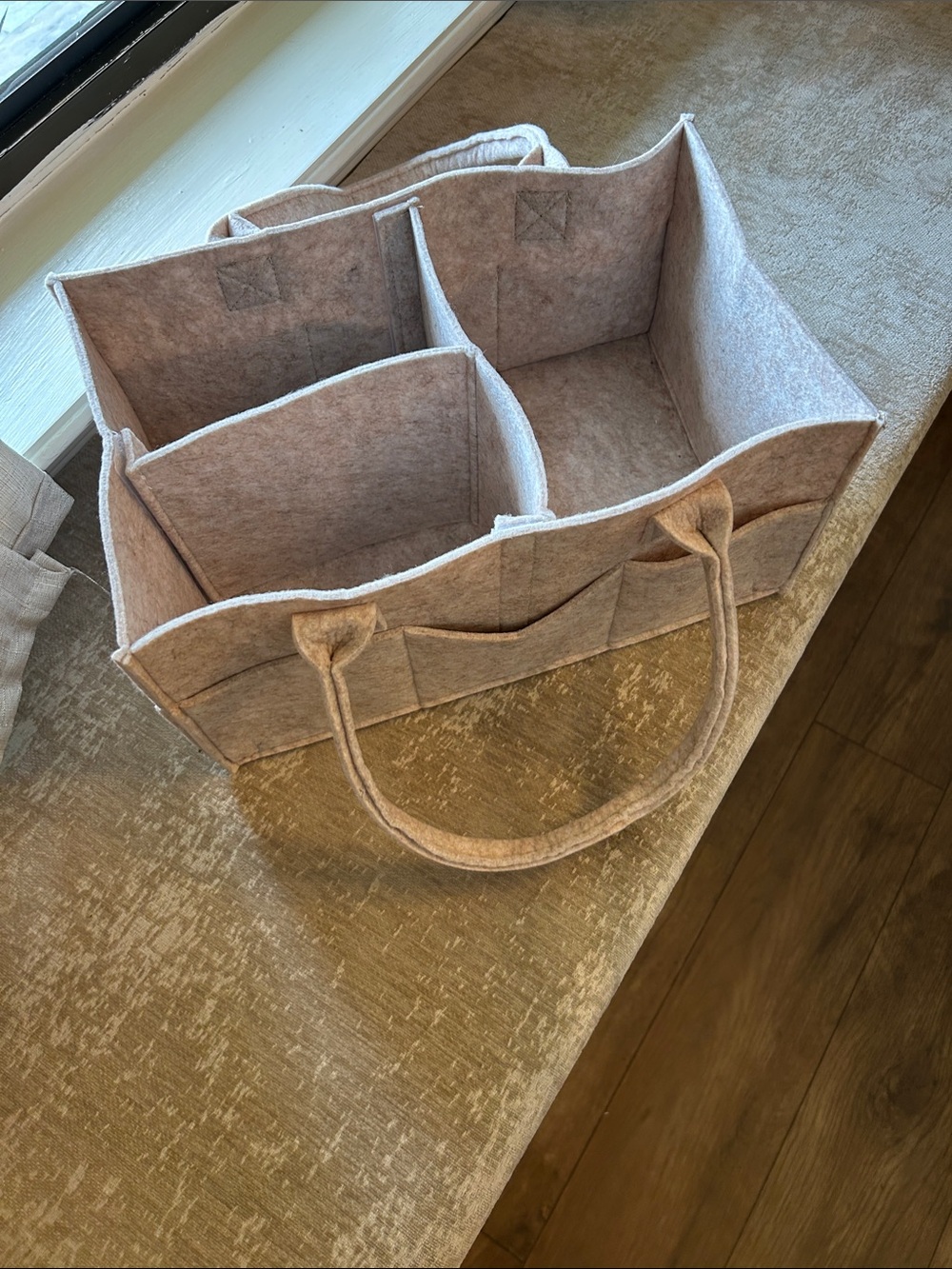 Beige Felt Divided Organizer Tote - Neutral Storage Caddy
